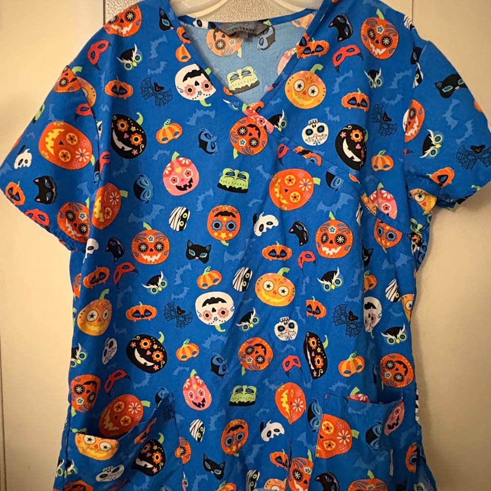 Vibrant Blue Halloween Themed Women's scrub top